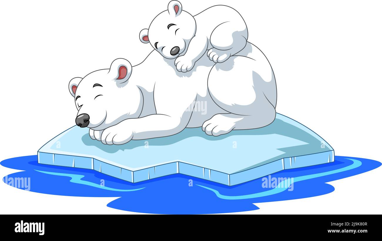 Cartoon-Mutter und Baby Eisbär schlafen auf Eisscholle Stock Vektor