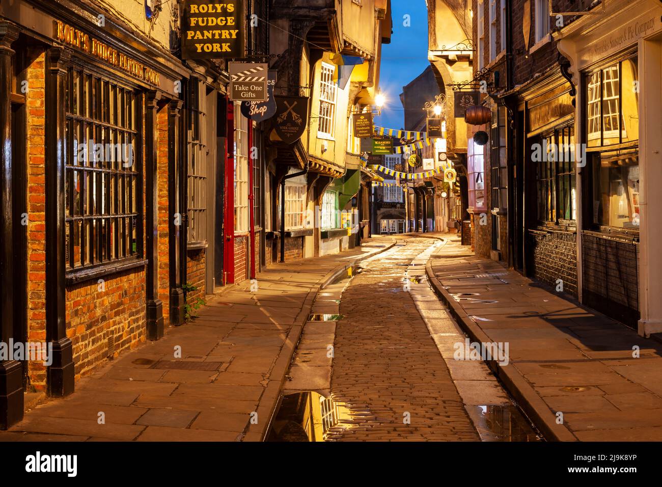 Morgengrauen in den Shambles in York, England. Stockfoto