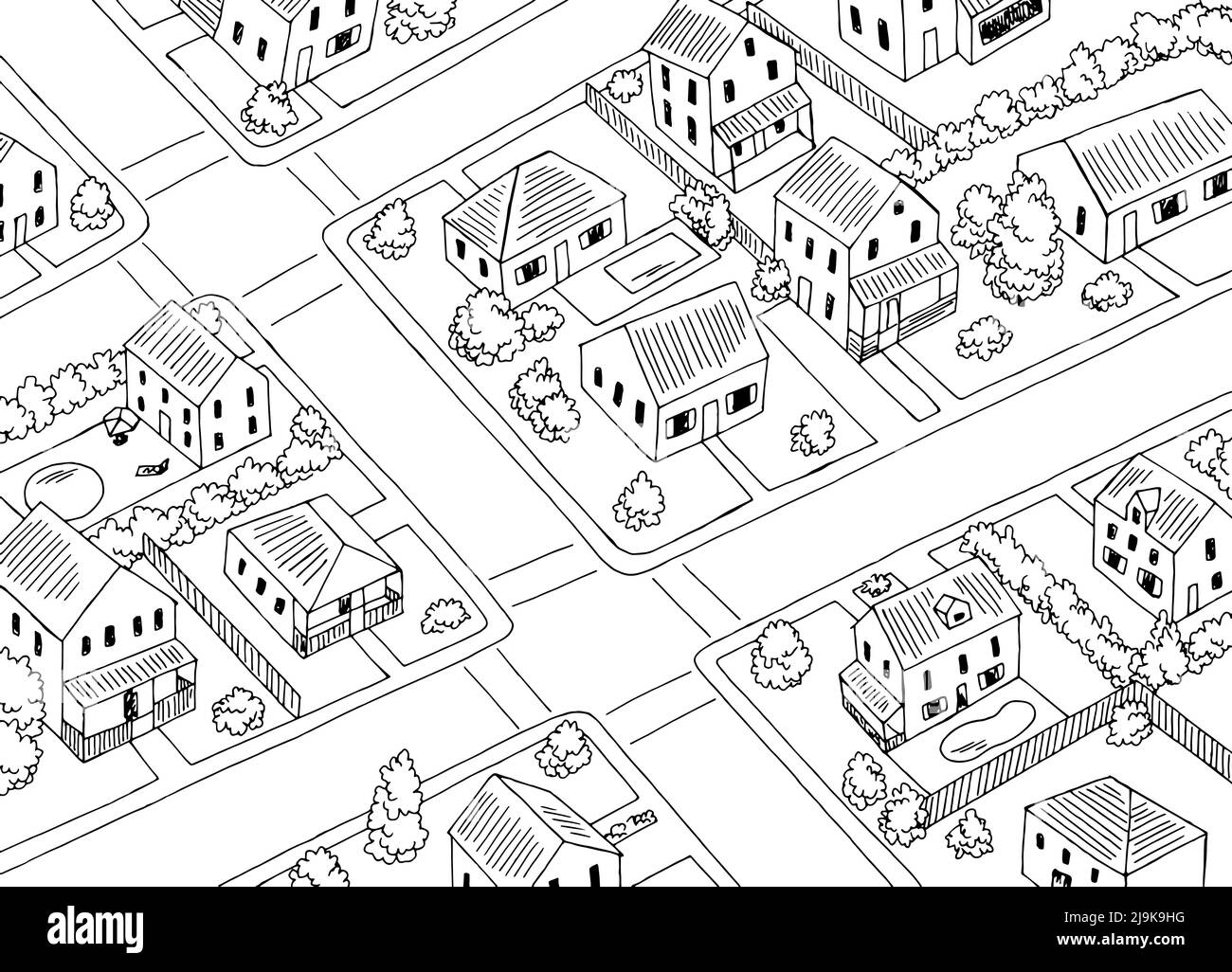 Wohnviertel Draufsicht aus der Luft Kreuzung Straße Grafik schwarz weiß Skizze Illustration Vektor Stock Vektor