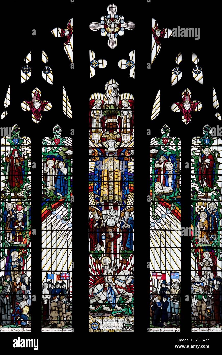 Das Erinnerungsfenster des „zweiten Weltkriegs“ von G.E.R. Smith (1947) mit seiner kraftvollen Botschaft der Hoffnung für die Zukunft, St Marks Church, Natland, Cumbria, Großbritannien Stockfoto