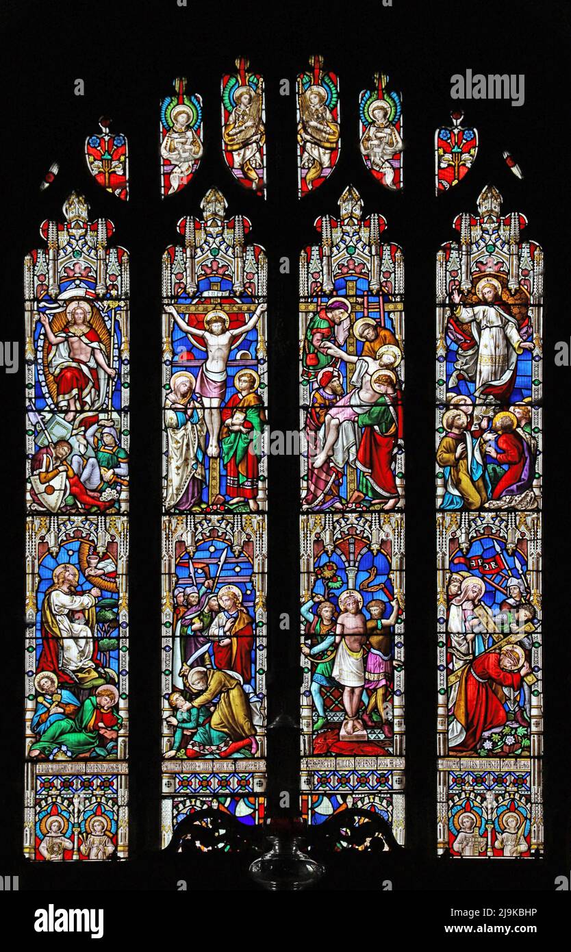 Ein Buntglasfenster von William Wailes, das die Passion Christi, St Peter and St Paul's Church, King's Sutton, Northamptonshire darstellt Stockfoto