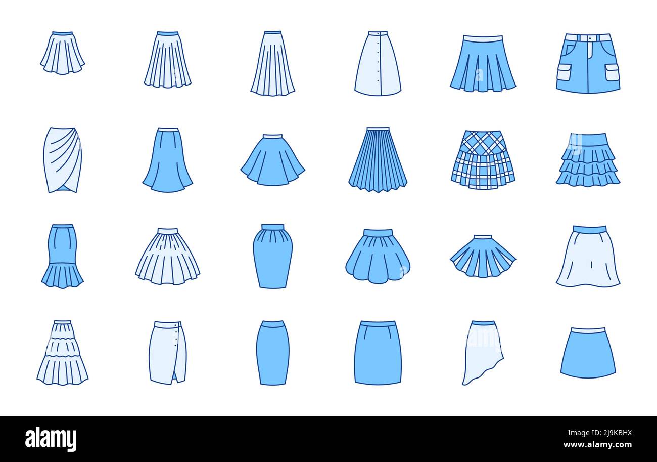 Kleidung Röcke Doodle Illustration einschließlich Symbole - Ladung, drapiert, gerored, plisse, Kilt, Blase, Bleistift, asymmetrischer Petticoat. Dünne Linie Kunst über Stock Vektor