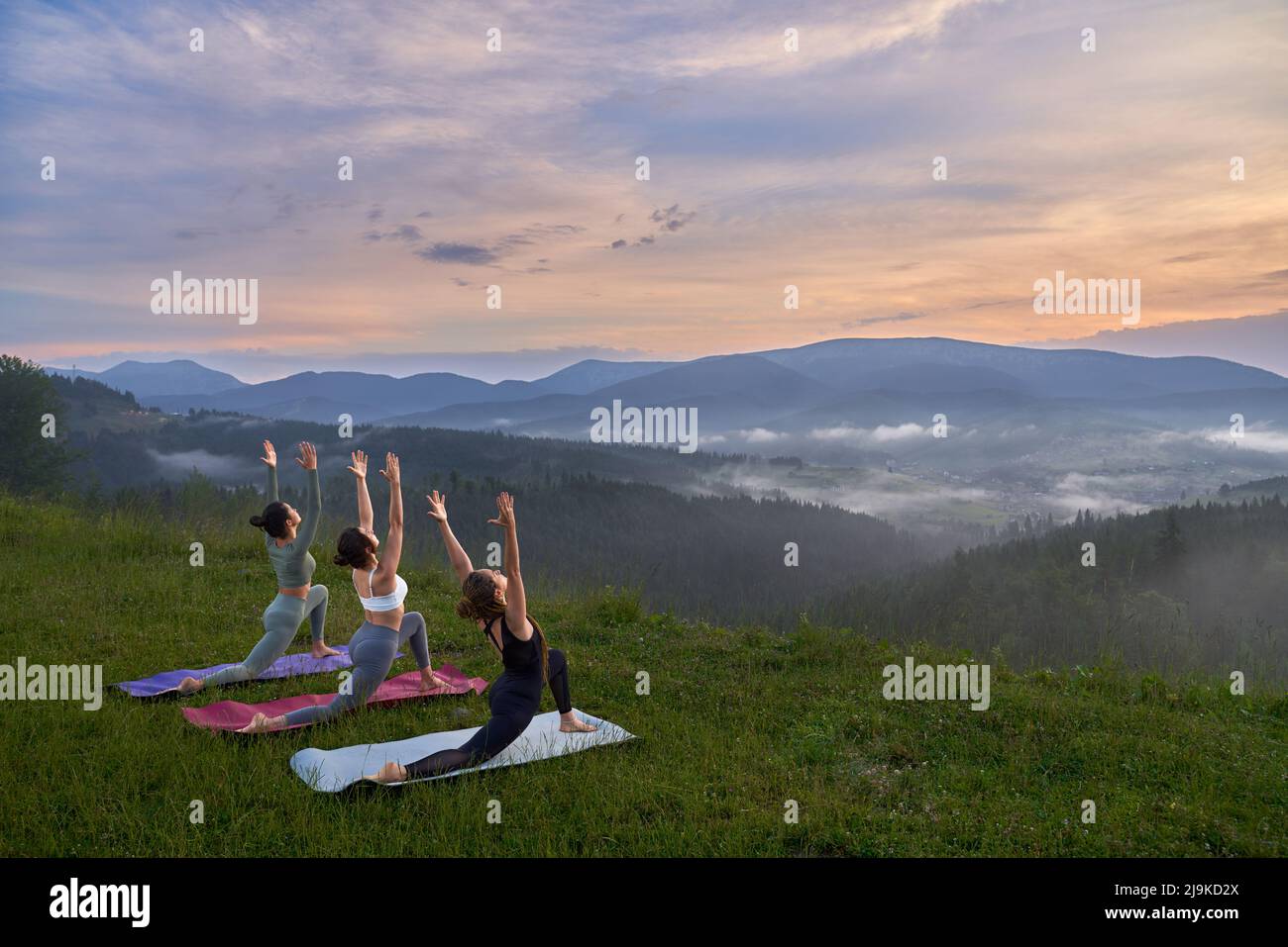 Fitness junge Frauen in Sportkleidung tun Yoga-Übungen in der grünen Natur. Drei Damen verbringen Freizeit für Outdoor-Training. Stockfoto