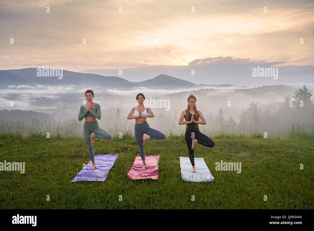 Eine Gruppe von drei jungen Frauen in Sportkleidung, die auf dem Bein stehen und mit namastigen Gesten im Freien meditieren. Harmonie in der Natur. Spiritualität Konzept. Stockfoto
