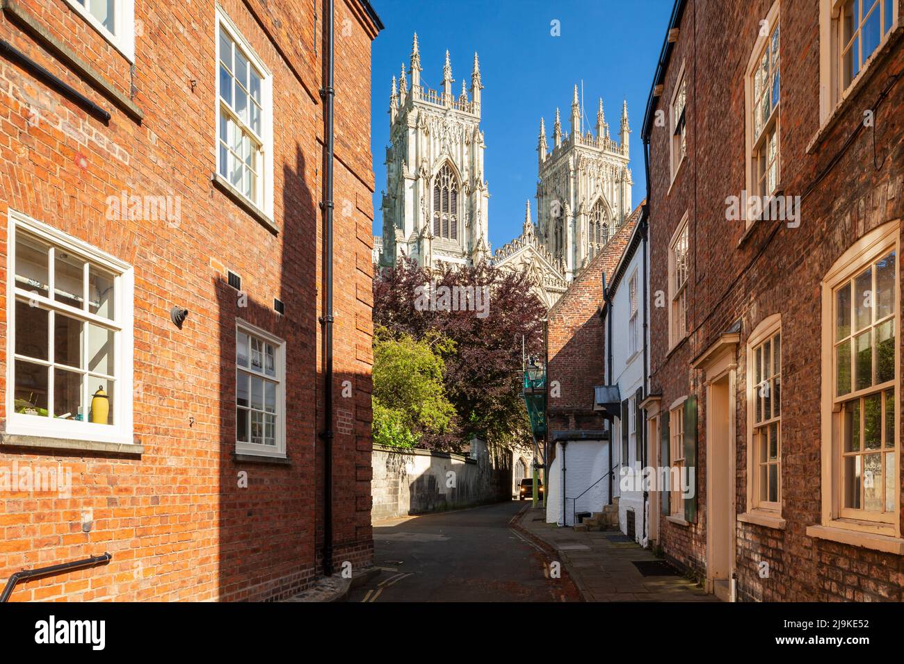 York Minster von Precentor's Court aus gesehen an einem Frühlingsnachmittag, North Yorkshire, England. Stockfoto