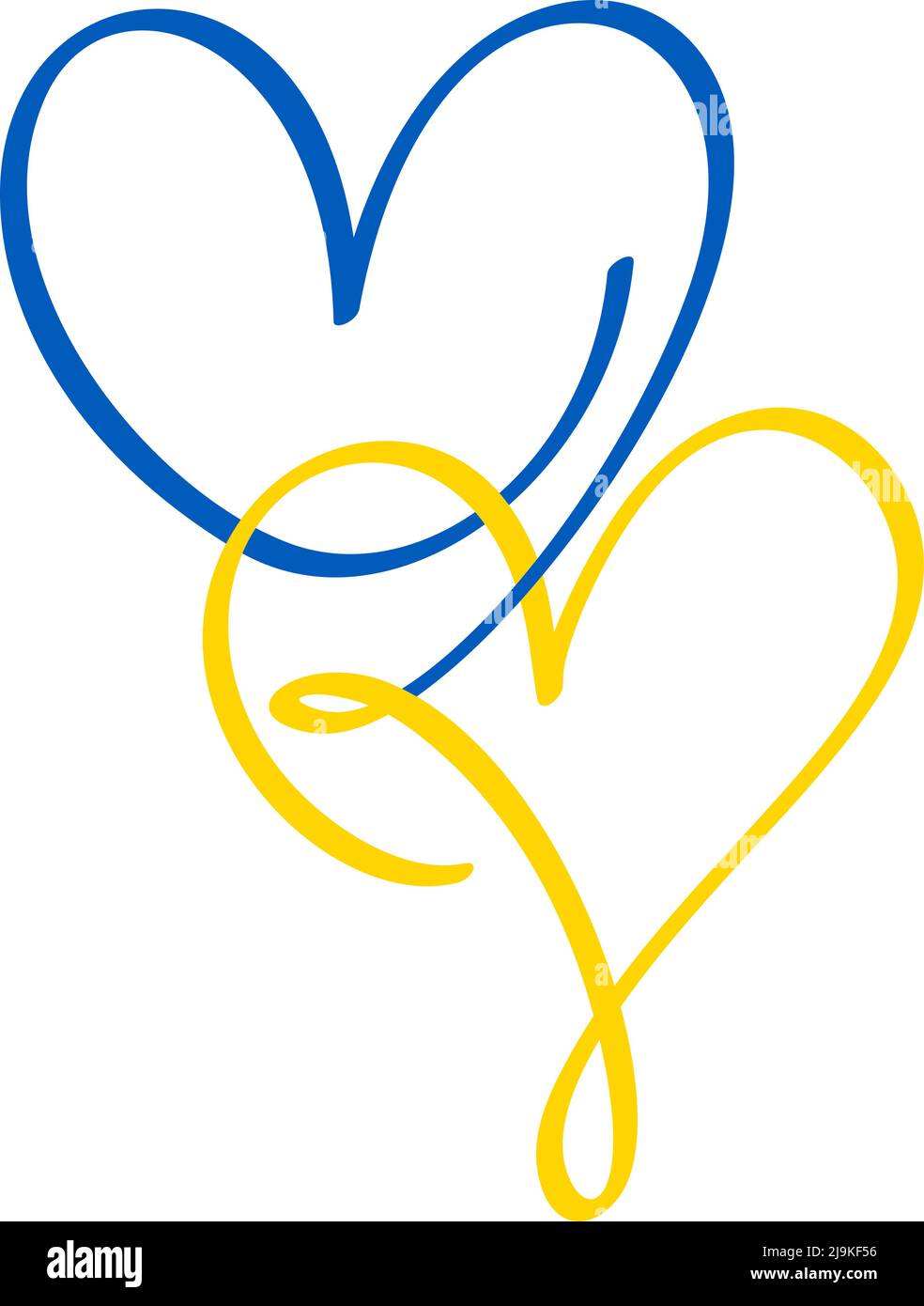 Blaue und gelbe Kalligraphie zwei Liebhaber Ukraine Herzen. Handgezeichnetes Symbol Logo Vektor Familie valentinstag. Dekor für Grußkarte, Becher, Fotoüberzüge Stock Vektor