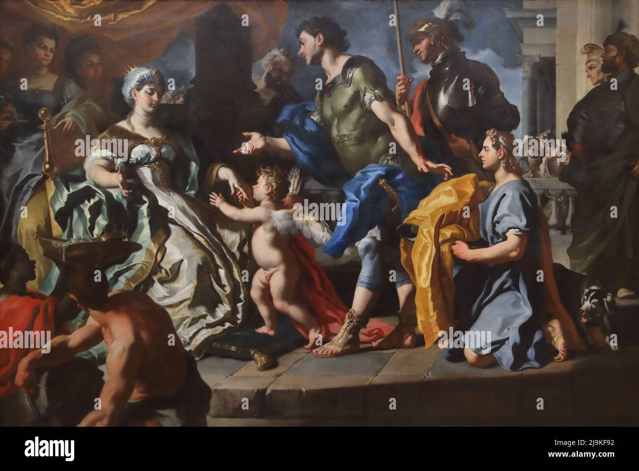 Dido erhält Aeneas und Amor als Ascanius verkleidet vom italienischen Barockmaler Francesco Solimena in der National Gallery, London, Großbritannien Stockfoto