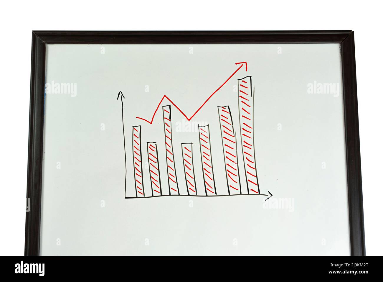Balkendiagramm mit schwarz-rotem Marker auf dem Whiteboard, Wachstumsidee der Wirtschaft, Aufwärts- und Abwärtspfeilgrafik, Präsentationskonzept, Inflation und Gewinn Stockfoto
