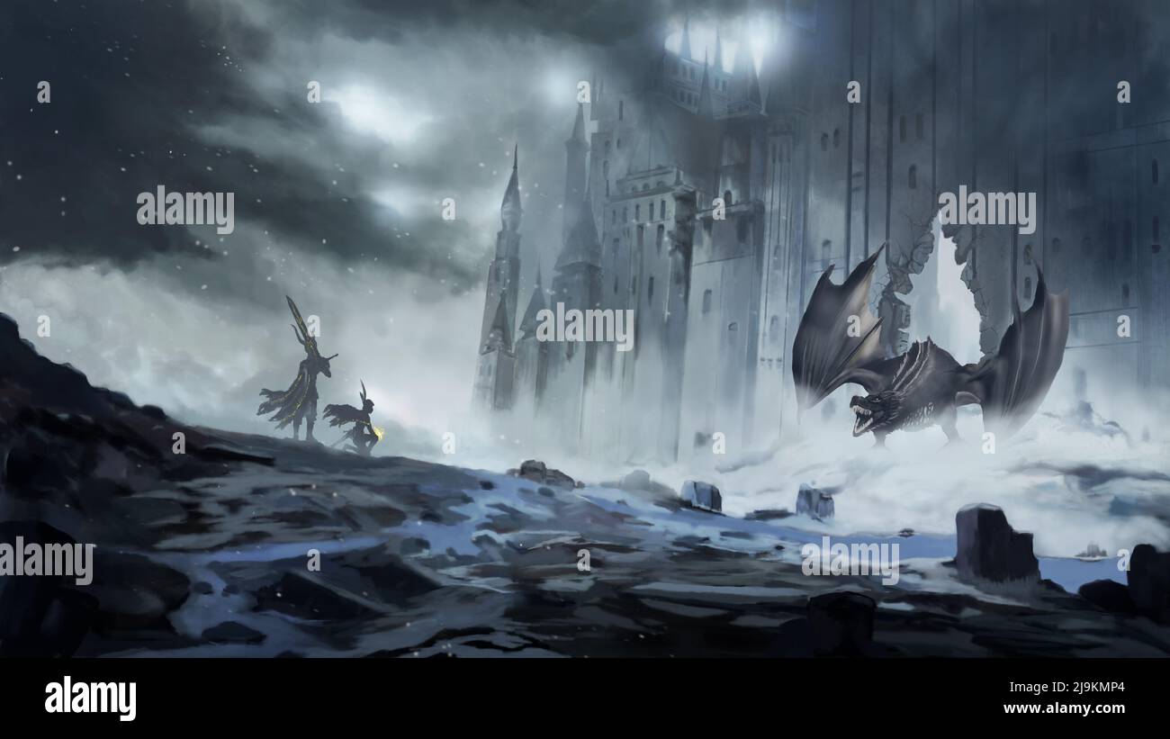 Ritter und Zauberer stehen konfrontieren Drachen bereitet sich auf den Kampf. Drachengeschichte von Mythos und Legende. Schwarzer Drache steht vor dem Schloss zerstören Hintergrund. Stockfoto