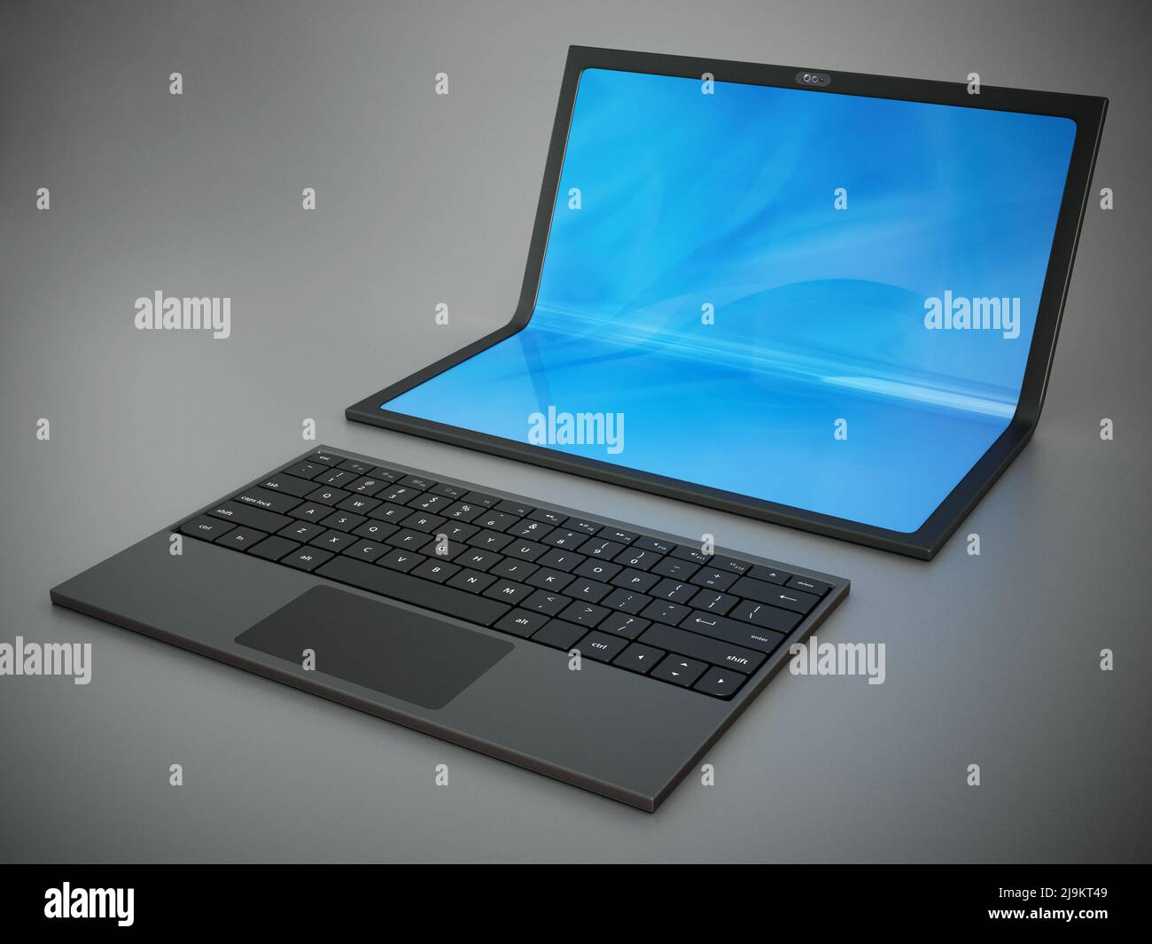 Futuristischer Laptop-Computer mit faltbarem Bildschirm. 3D Abbildung. Stockfoto