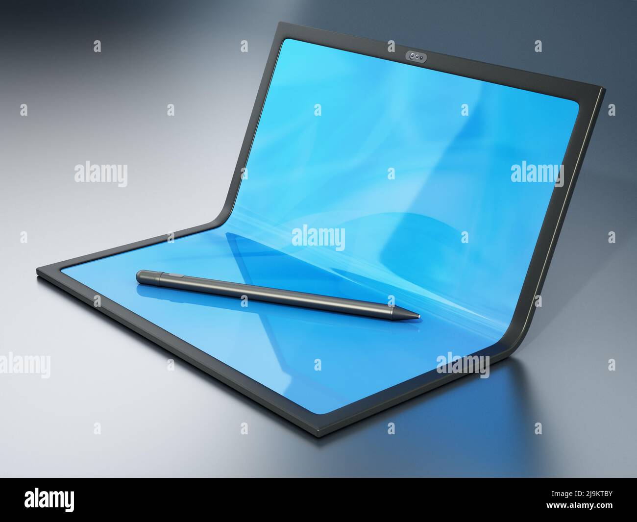 Tablet-Computer mit faltbarem Bildschirm und Stift. 3D Abbildung. Stockfoto