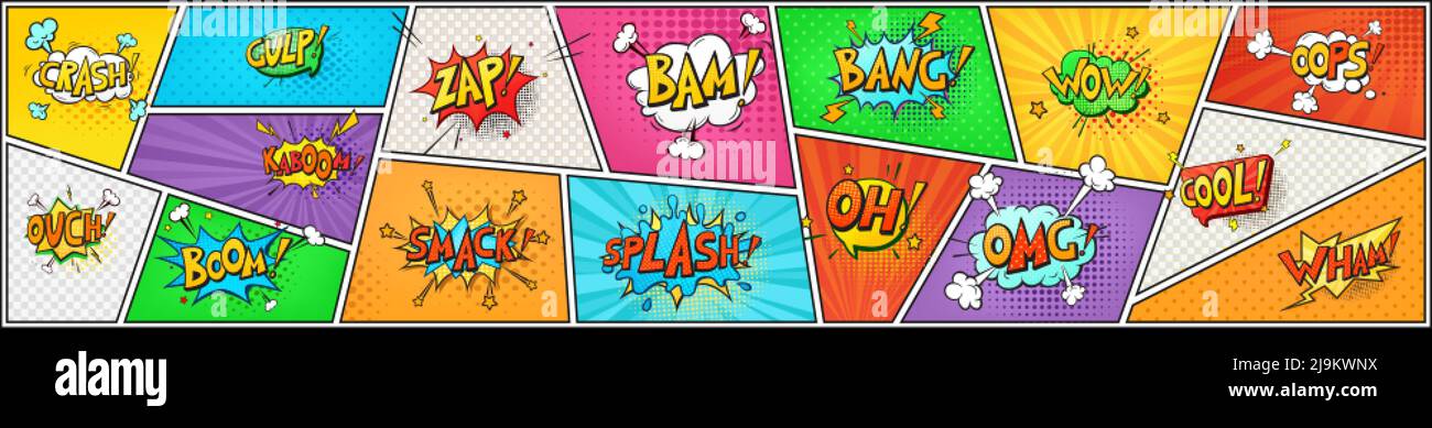 Pop Art Comic-Sprechblasen und Soundeffekte auf buntem Hintergrund. Lustige Vintage Streifen Layout Mock up. Cartoon vintage Explosion Cloud-Nachrichten, Knall Explosion mit Sprechphrasen, Textfelder. Stock Vektor