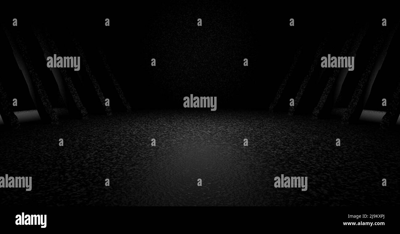 Robot SciFi Parking Underground Car Warehouse Basement Spotlight Schwarzer Hintergrund futuristische Architektur für Grafikdesign 3D Illustration Stockfoto