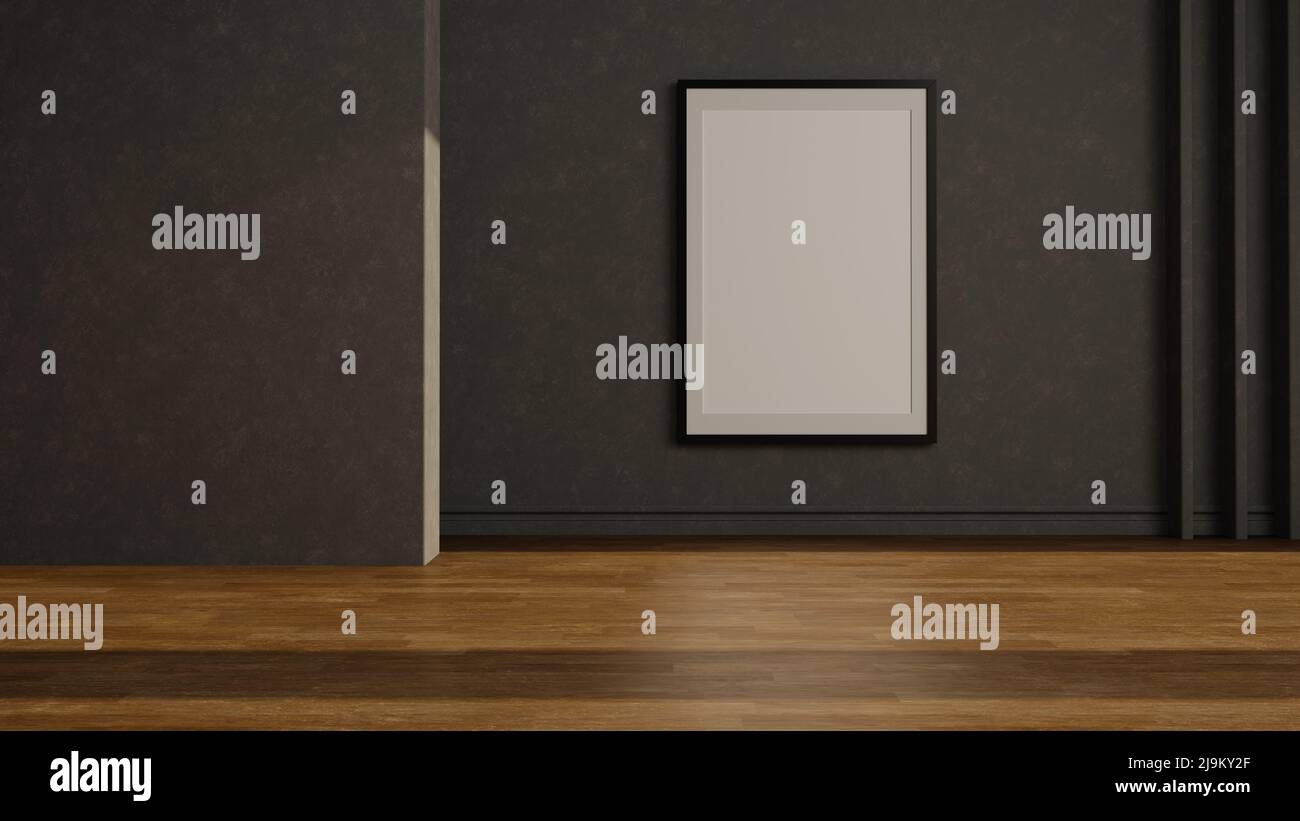 Mock-up-Rahmen in dunklem Heim Interieur Holz Moschus 3D Render Stockfoto