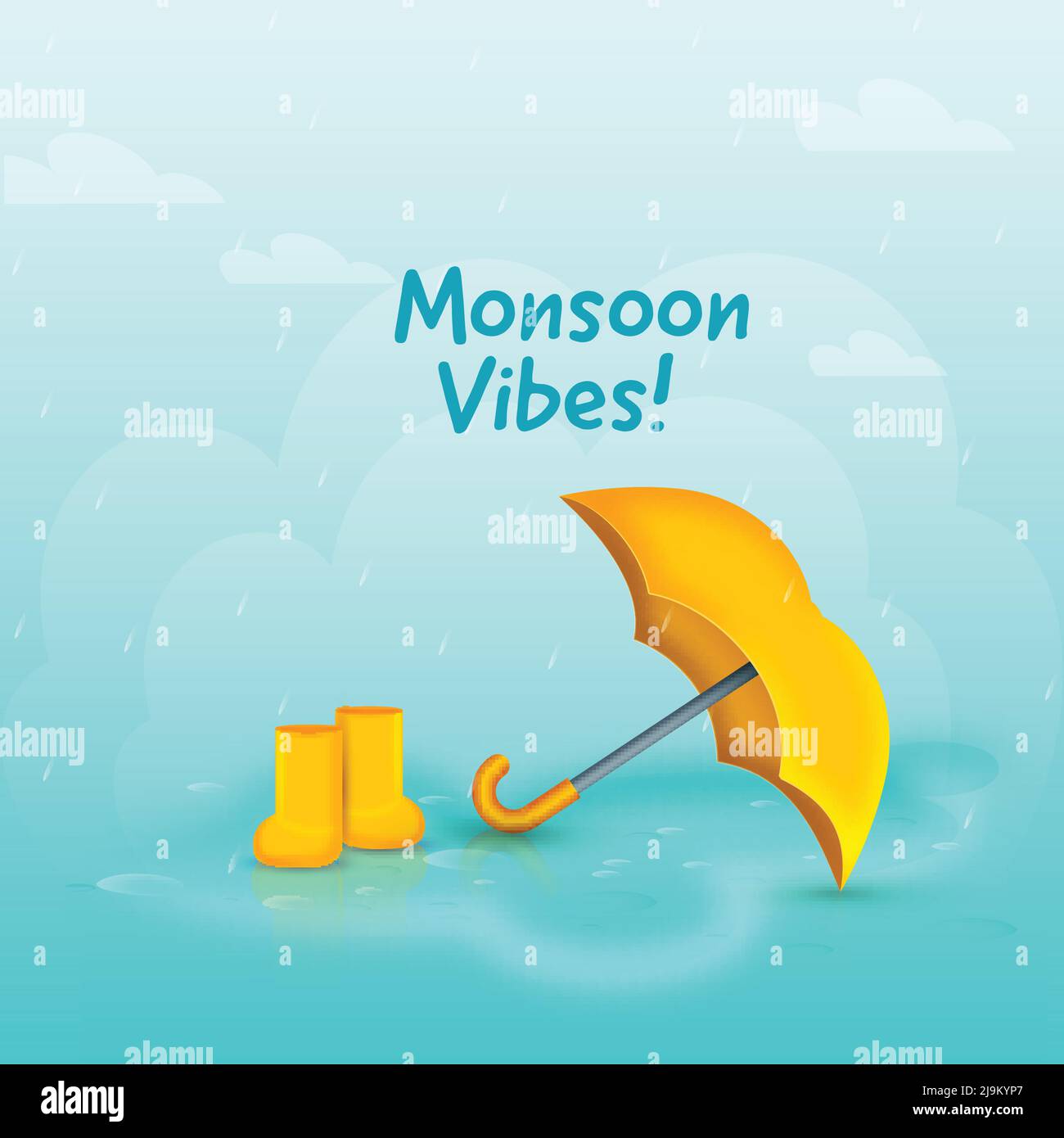 Monsoon Vibes! Schriftzug Mit Realistischem Regenschirm Und Stiefeln Auf Himmelblauem Hintergrund. Stock Vektor