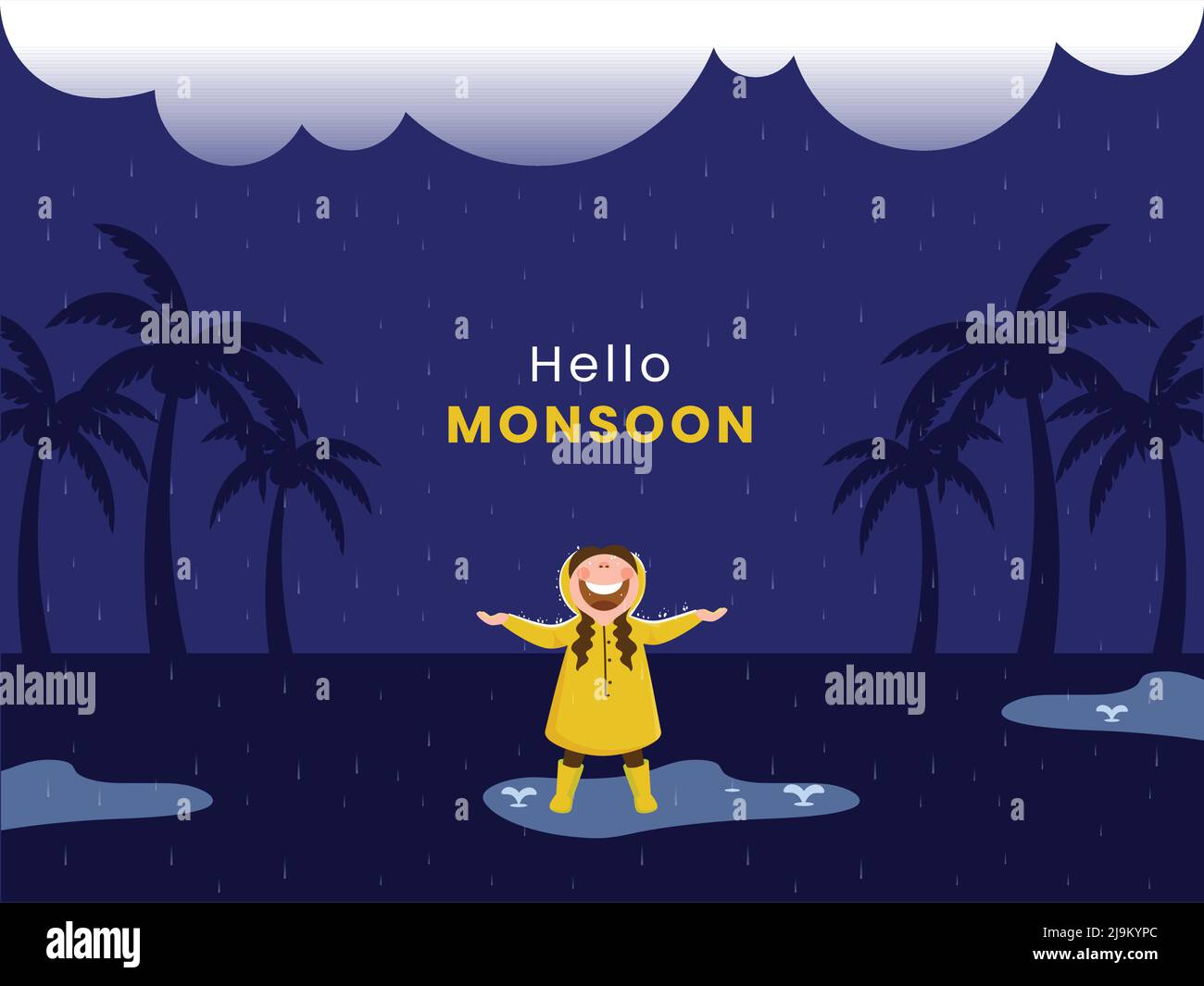 Hello Monsoon Hintergrund Mit Fröhlichen Jungen Mädchen Genießen Niederschläge Und Silhouette Kokospalmen. Stock Vektor