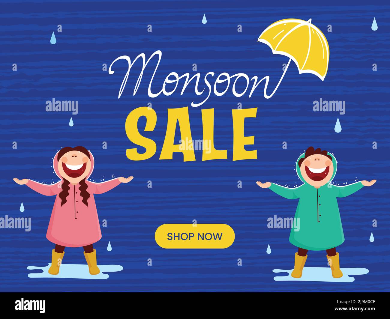 Monsoon Sale Poster Design Mit Regenschirm Und Fröhliche Kinder Genießen Regen Auf Blue Stripe Textur Hintergrund. Stock Vektor