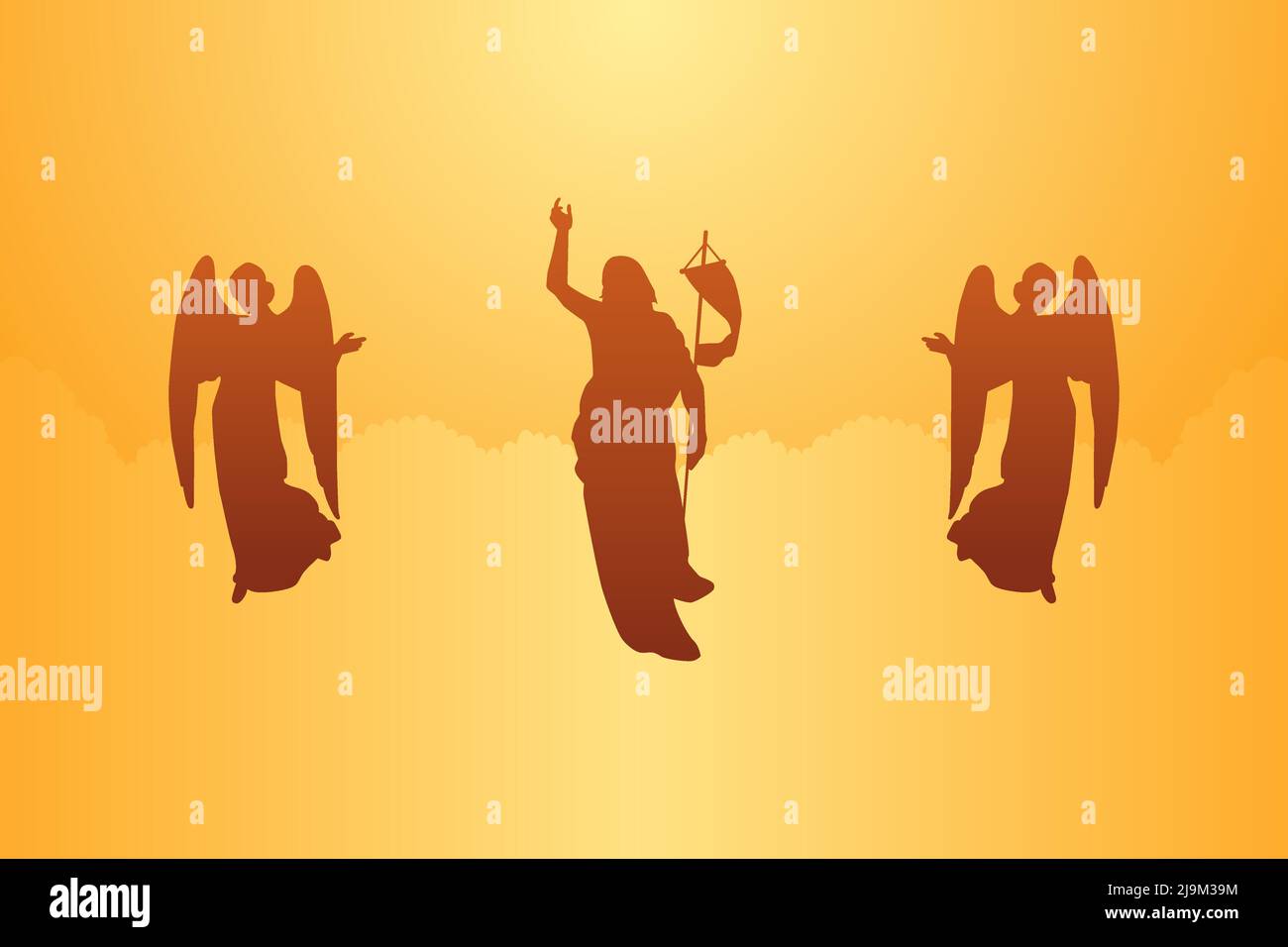 Jesus Christus erhebt sich mit zwei Engeln in den Himmel. Vektor-Illustration „Happy Ascension Day“ Stock Vektor