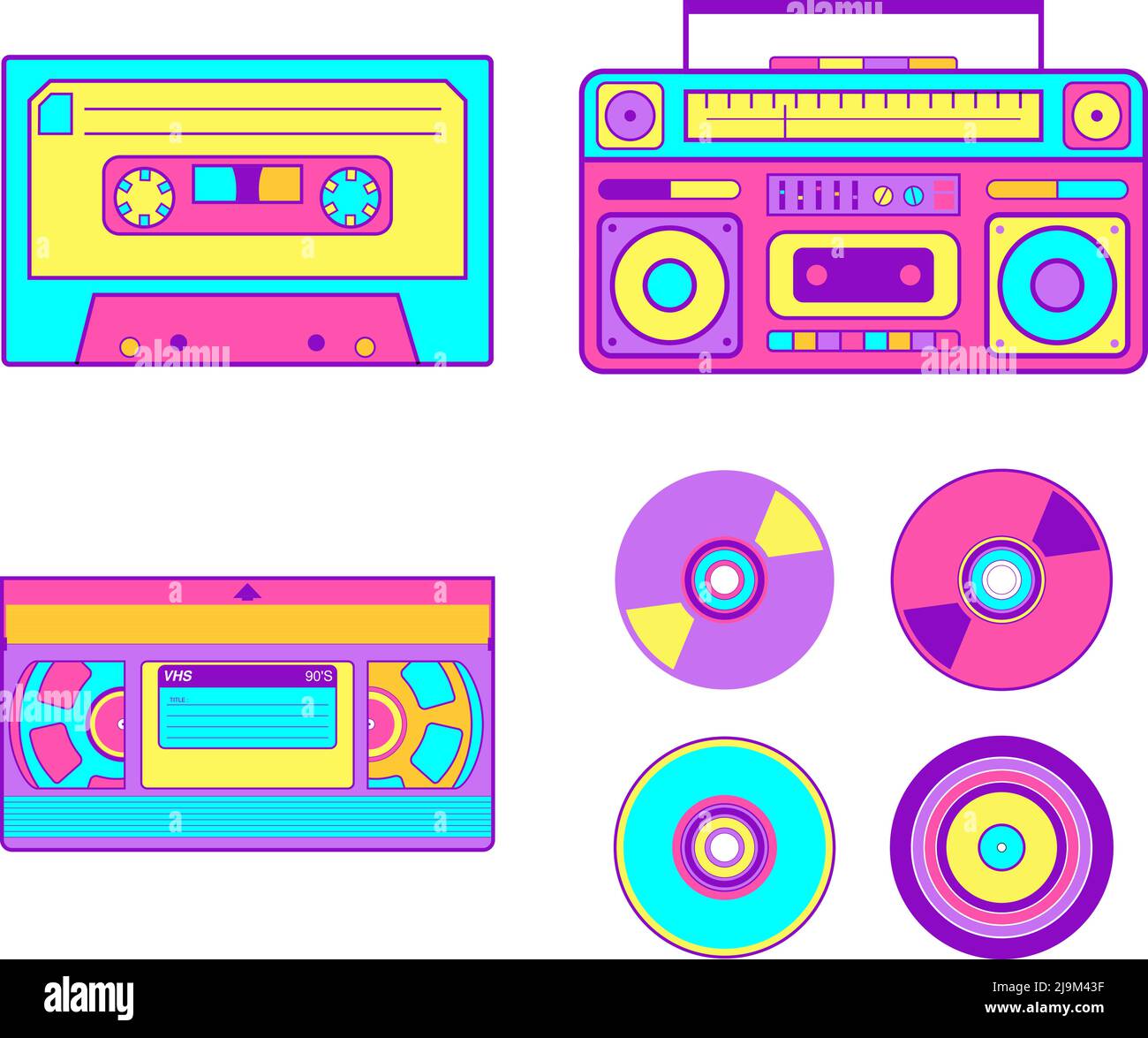Satz von Technologie aus dem 90s, Kassetten, CDs, VHS-Bänder und Boom-Boxen. Sammlung von verschiedenen Vintage-Audio-Bänder auf weißem Hintergrund. Stock Vektor