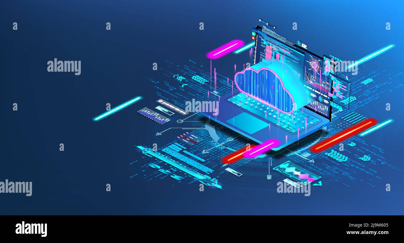 Laptop mit Programmiercode und Cloud-Speicher in isometrischer Form. Futuristisches Banner Stock Vektor