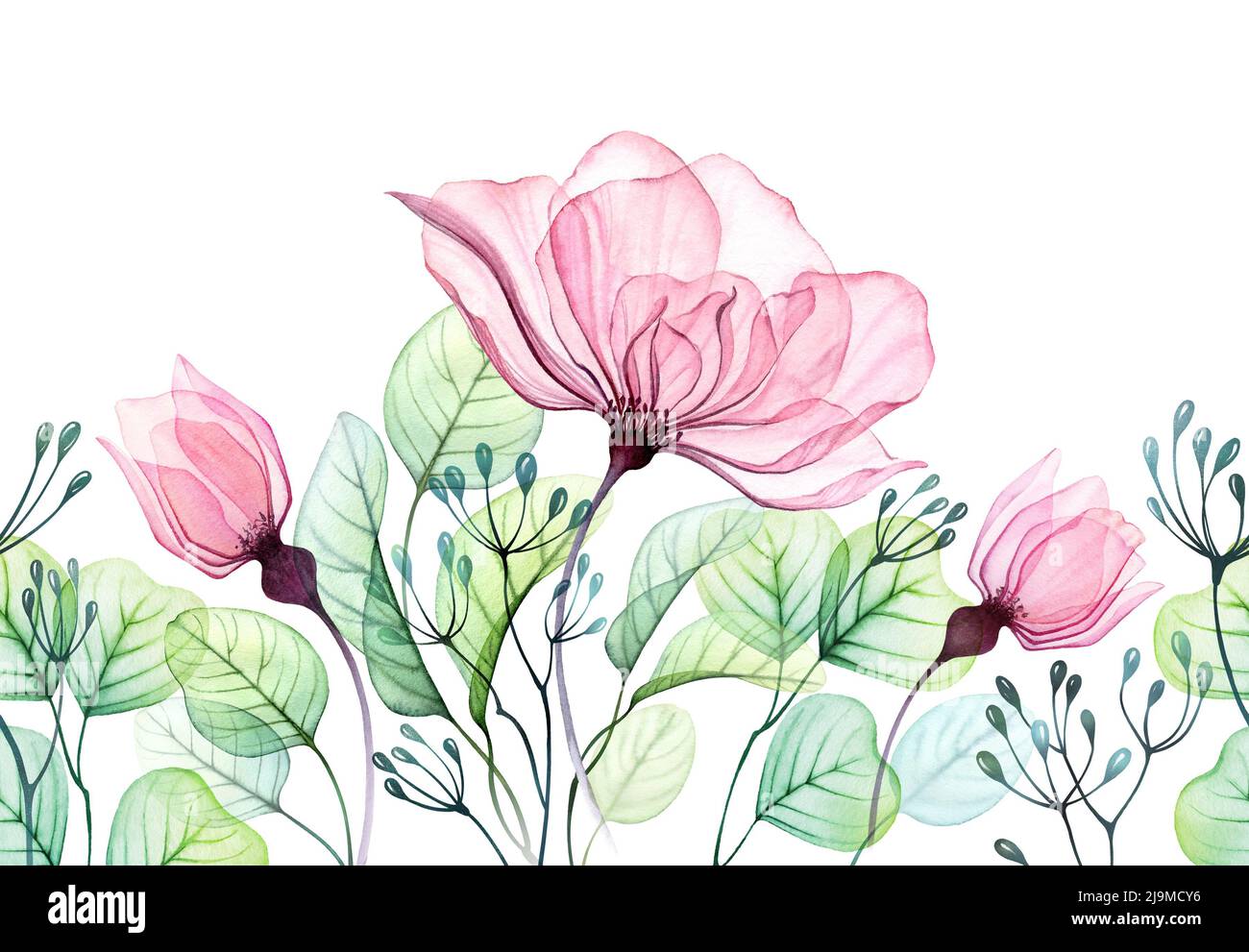Aquarell Rose nahtlose Grenze. Abstraktes Blumenarrangement aus rosa Blüten, Knospen und Eukalyptusblättern. Transparente handgezeichnete Illustration für Stockfoto