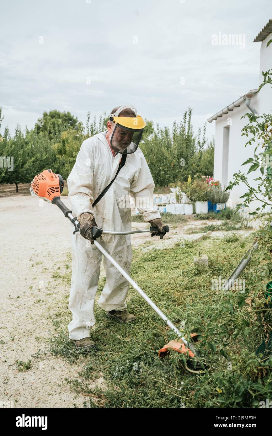 Ganzkörper von gealterten männlichen Landwirt in weißen Overall-Kleidung und Schutzmaske schneiden Gras mit Unkrautfräser während der Arbeit im Garten an bewölkten Sommer da Stockfoto