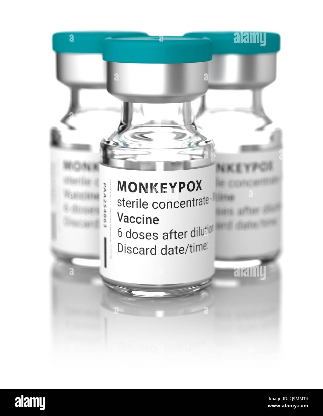 Drei victiöse Fläschchen mit Impfung gegen Monkeypox. Geringe Schärfentiefe Stockfoto