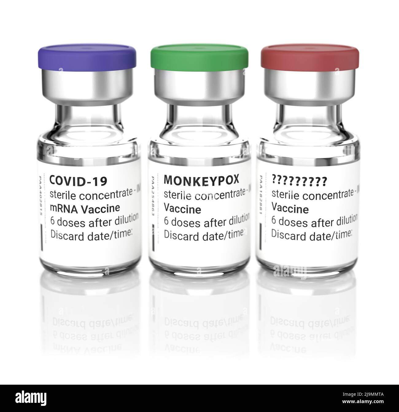 Concept Shot: Was ist die nächste Krankheit nach Covid-19 und Monkeypox? Drei Fläschchen mit Impfung gegen „Covid-19“, „Monkeypox“ und „???“ Stockfoto