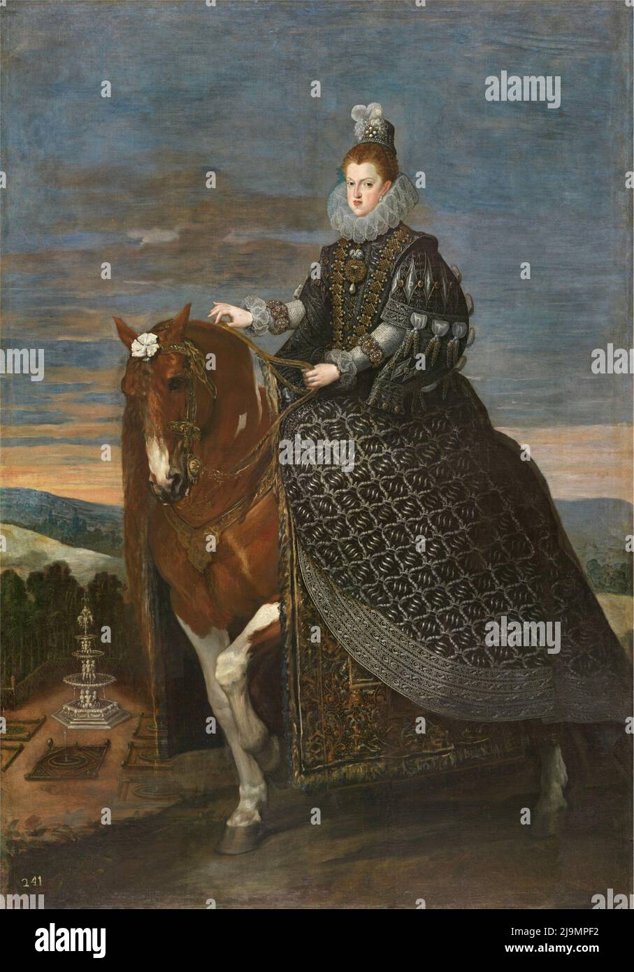 Titel: Königin Margaret von Österreich auf dem Pferderacken Urheber: Diego Rodríguez de Silva y Velázquez Datum: c. 1635 Maße: 297 x 212 cm Medium: Öl auf Leinwand Ort: Museo Nacional del Prado Stockfoto