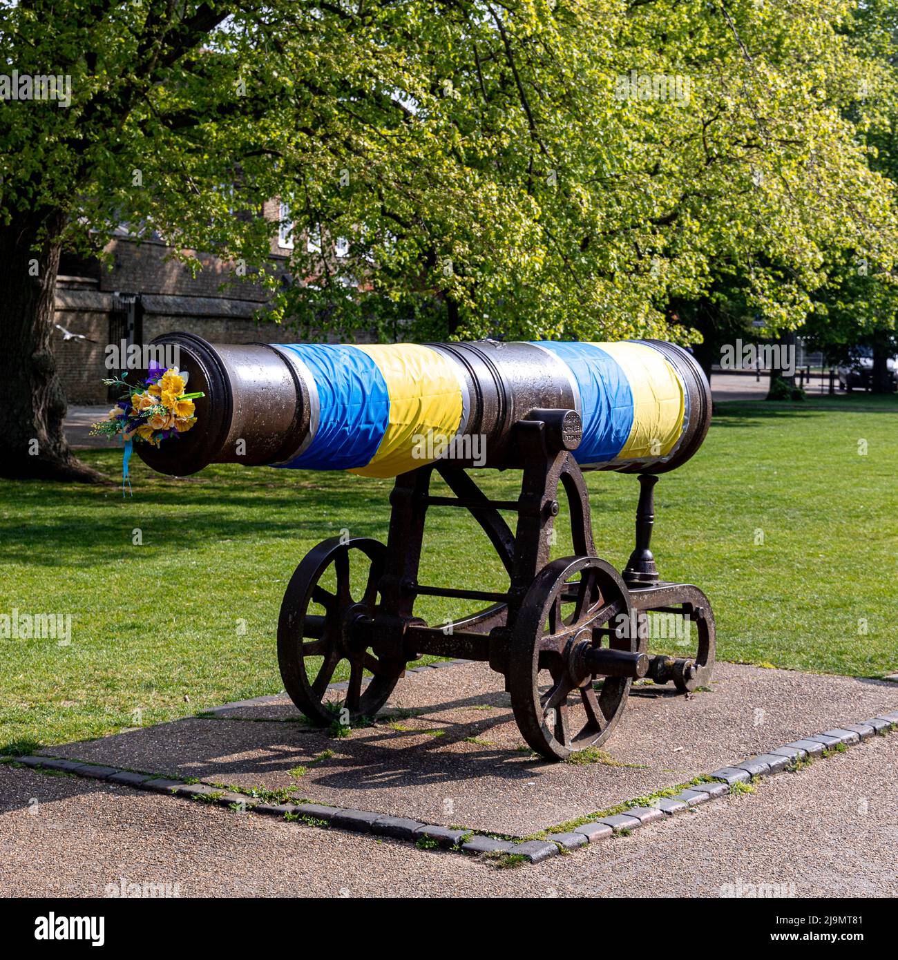 Gelbe und blaue Farben drapierten auf die Kanone, die vor der Ely-Kathedrale in der Ukraine steht, nachdem sie 2022 von Russland eingedrungen war. Aufgenommen Stockfoto