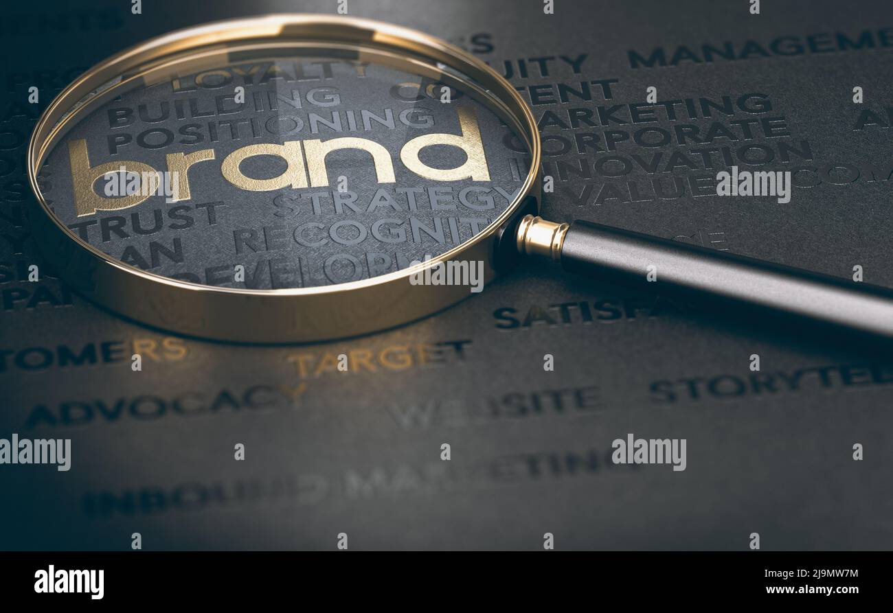 Markenmarketing und -Management, Branding- oder Rebranding-Konzept. 3D Illustration einer Lupe über goldenen und schwarzen Wörtern. Stockfoto