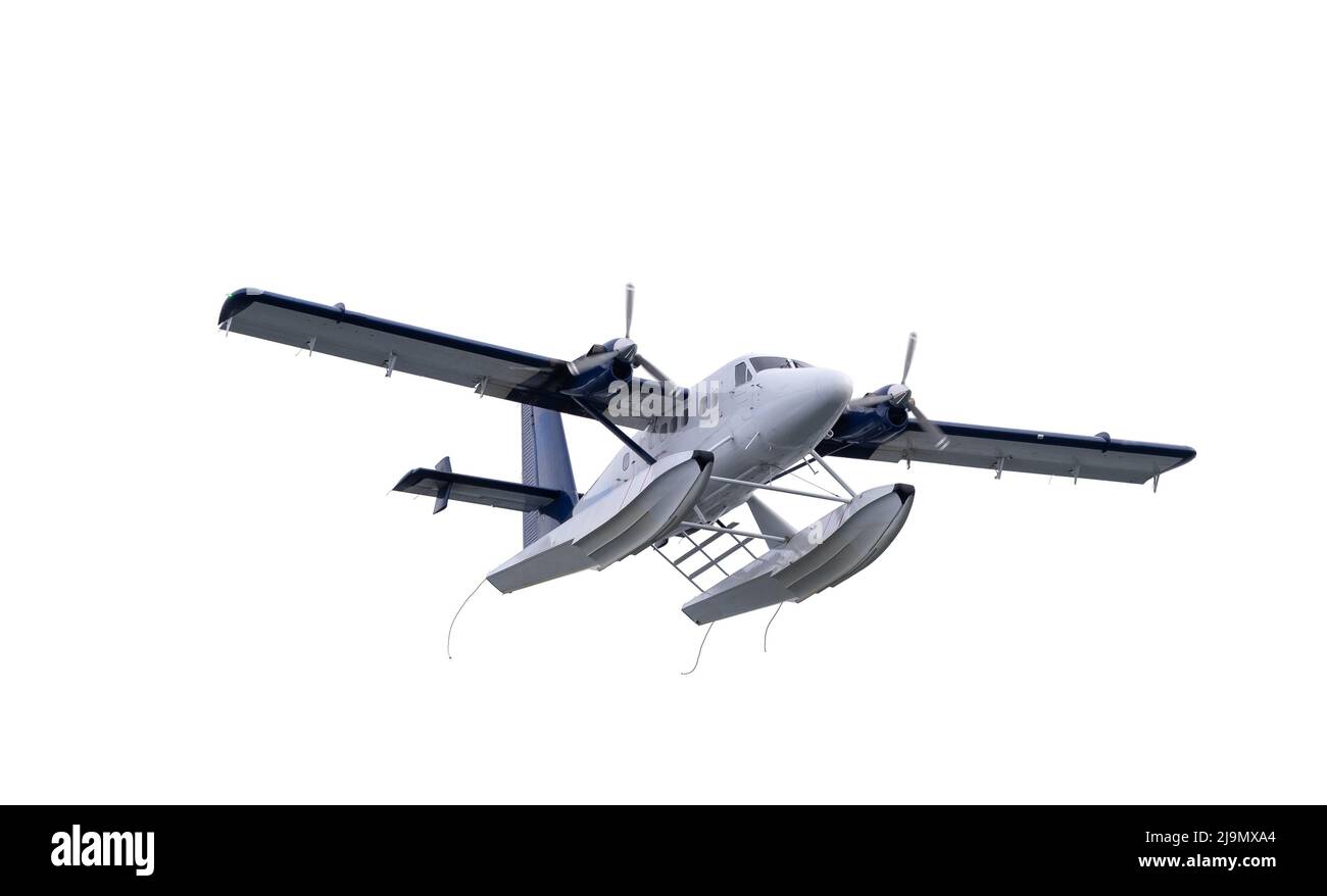 Wasserflugzeug fliegt isoliert auf weißem Hintergrund Stockfoto