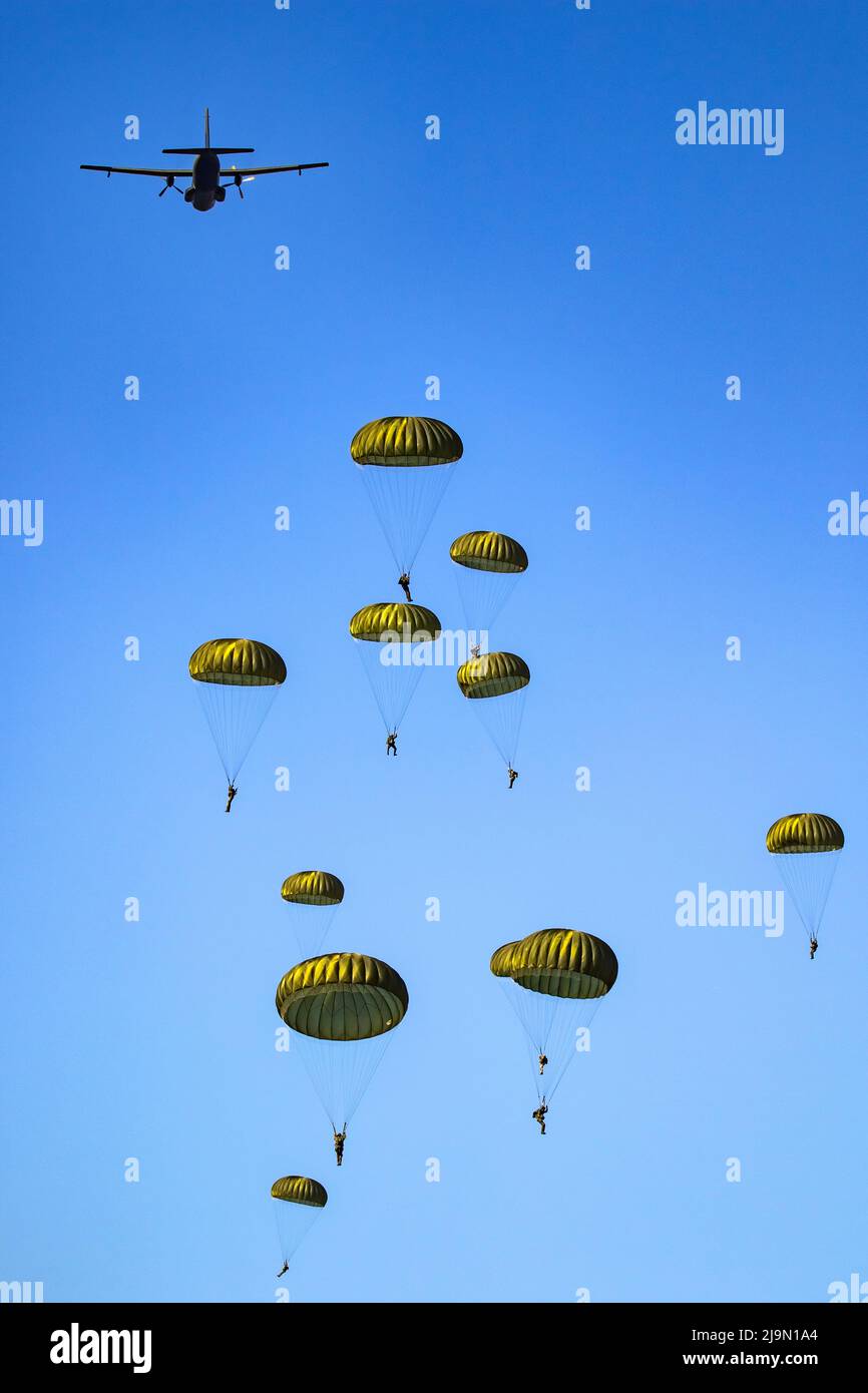 Militärparachutist Fallschirmjäger Fallschirm springen aus einer Luftwaffe Flugzeuge an einem klaren blauen Himmel Tag. Stockfoto