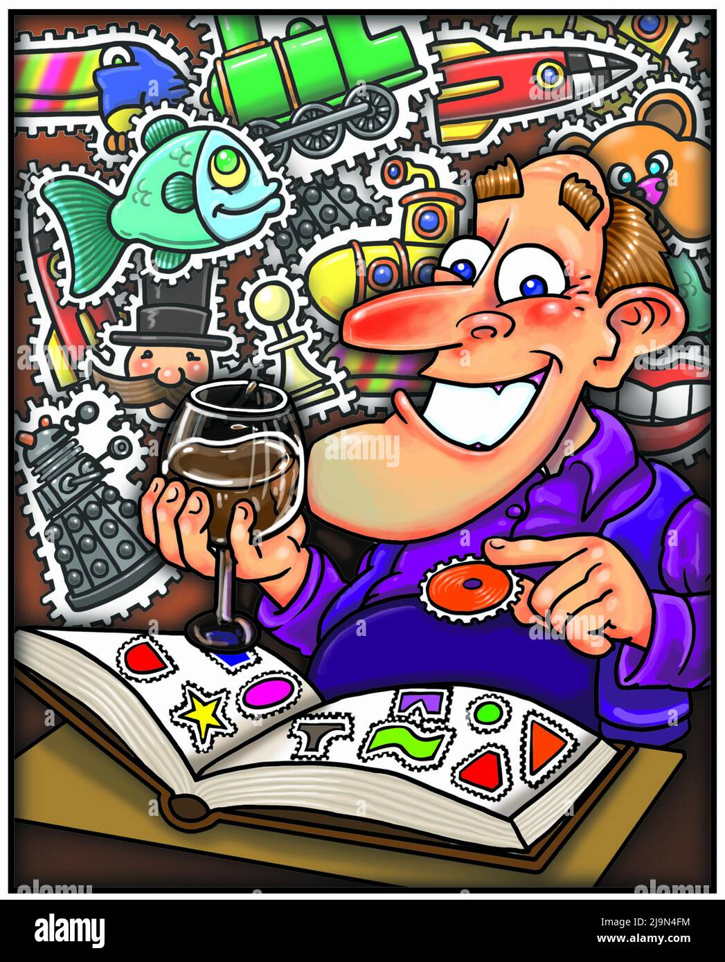 Zeichentrickkunst, die einen Mann zeigt, der ein Sammelalbum zusammenstellt und den Spaß des Sammelns als Freizeitbeschäftigung, Sammeln, Hobby, Freizeitbeschäftigung veranschaulicht Stockfoto
