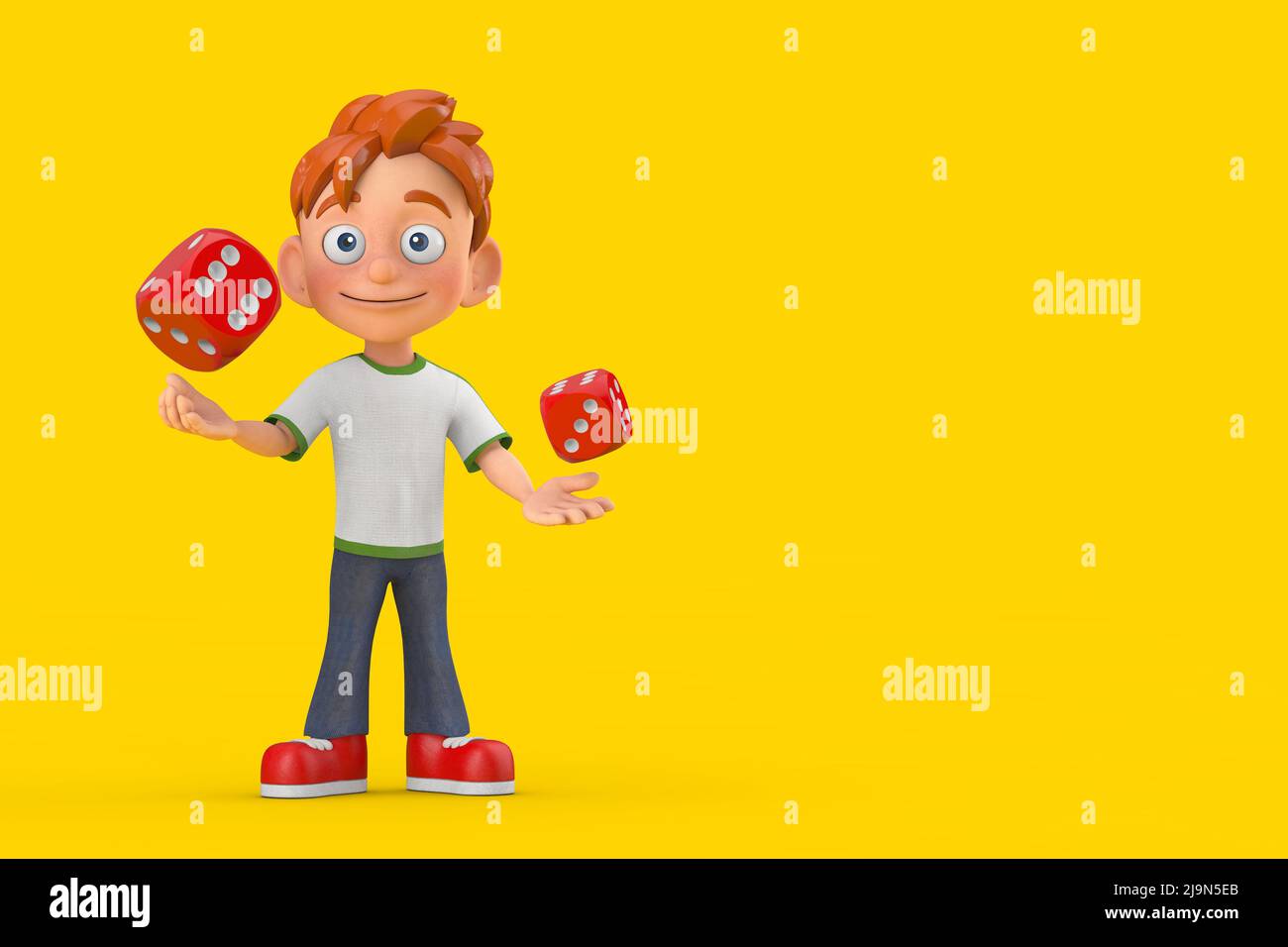 Cartoon Little Boy Teen Person Figur Maskottchen mit roten Spiel Würfel im Flug auf einem gelben Hintergrund. 3D Rendering Stockfoto