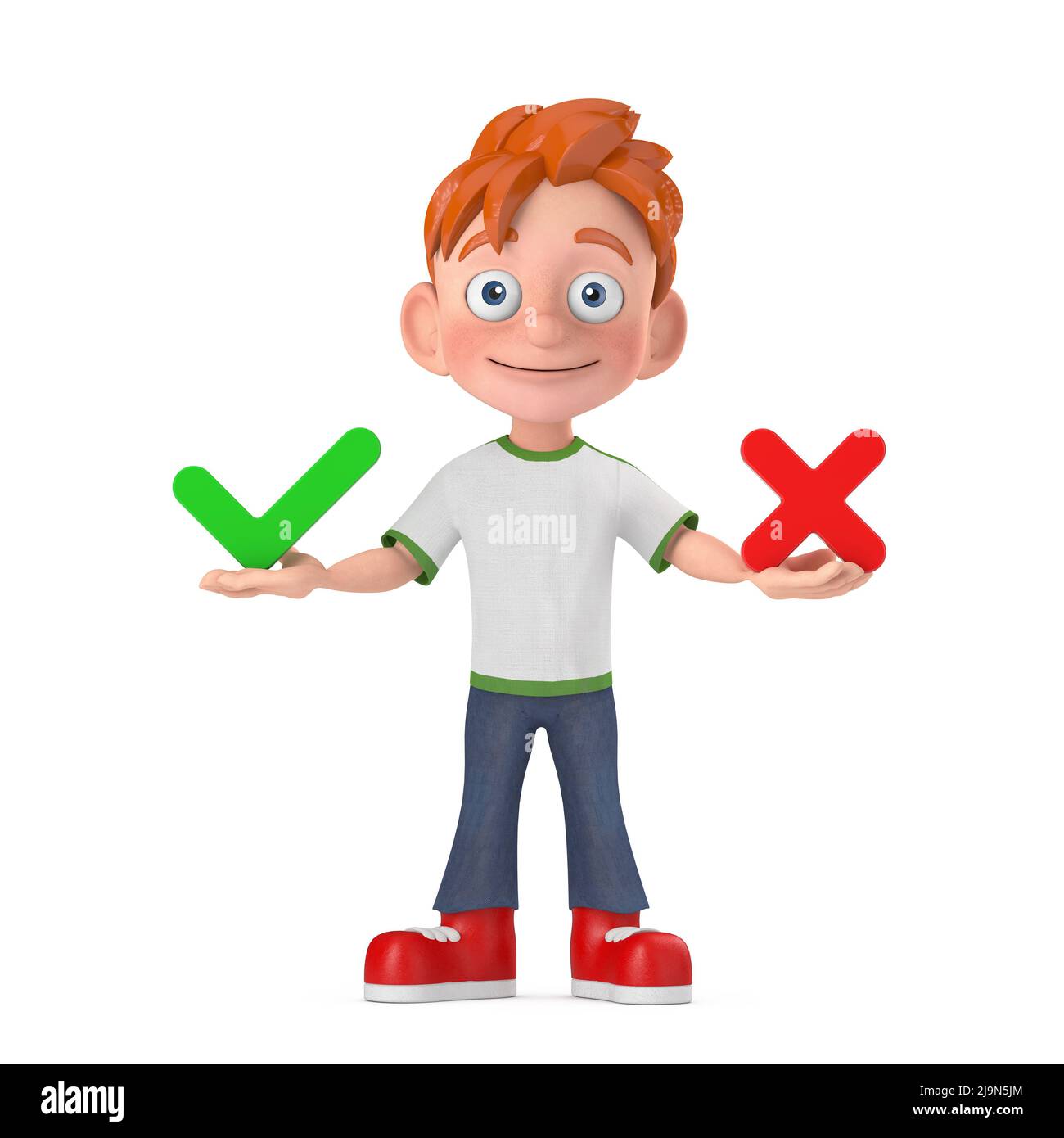 Cartoon Little Boy Teen Person Figur Maskottchen mit rotem Kreuz und grünem Häkchen, bestätigen oder verweigern, Ja oder Nein Symbol Zeichen auf weißem Hintergrund. 3D Re Stockfoto