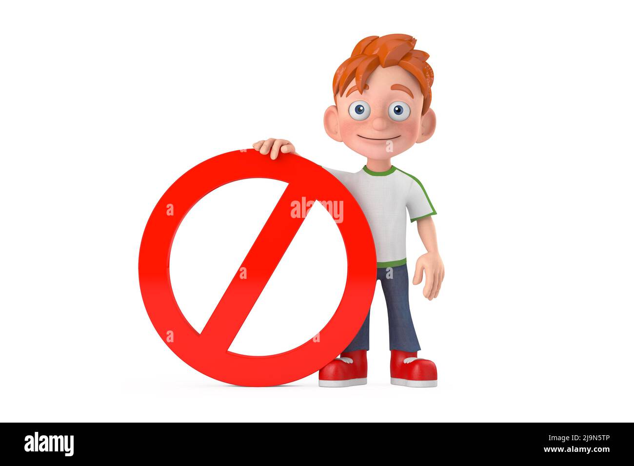 Cartoon kleiner Junge Teen Person Charakter Maskottchen mit mit rotem Verbot oder Verbotene Zeichen auf einem weißen Hintergrund. 3D Rendering Stockfoto
