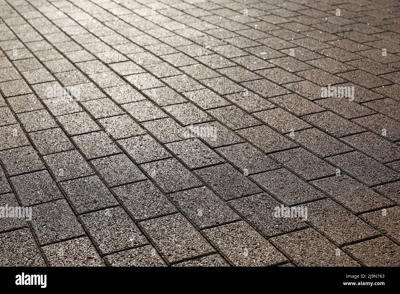 Steinpflaster, gepflasterte Straße im Sonnenlicht. Straße von Fliesen Stockfoto