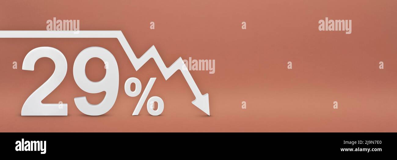 Neunundzwanzig Prozent, zeigt der Pfeil auf dem Diagramm nach unten. Börsencrash, Baisse, Inflation.wirtschaftlicher Zusammenbruch, Zusammenbruch der Aktien.3D Stockfoto