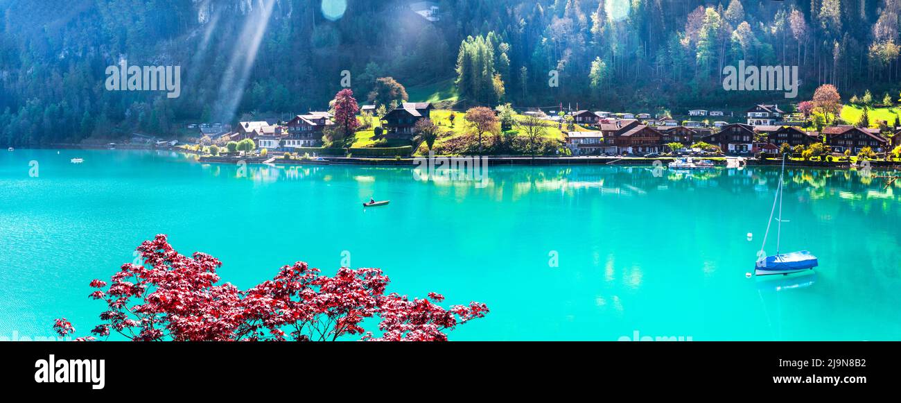 Atemberaubende idyllische Naturkulisse des Brienzer Bergsees. Schweiz, Kanton Bern. Iseltwald Dorf umgeben türkisfarbenes Wasser Stockfoto