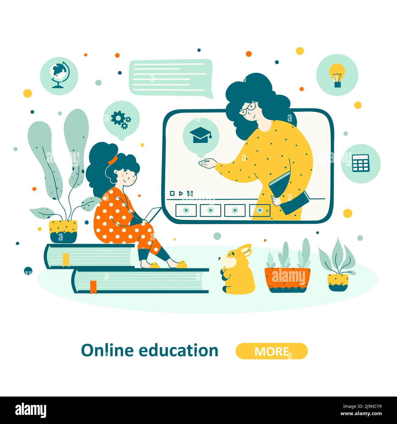 Online-Schule Kinder flache Vektor-Illustration. Lernprozess, Lehrer und Schüler flache Vektor-Zeichen Illustration. Home Bildung Internet tec Stockfoto