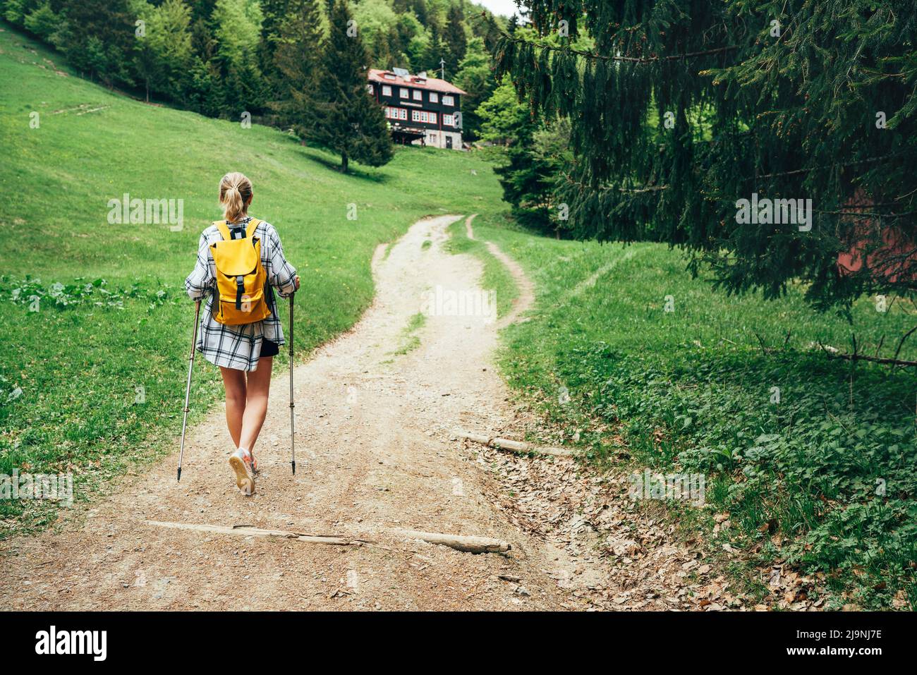 Einsames Weibchen mit gelbem Rucksack, das über einen Bergweg mit Wanderstöcken zur Berghütte in der Slowakei, der Region Mala Fatra, geht. Aktive Menschen und Stockfoto