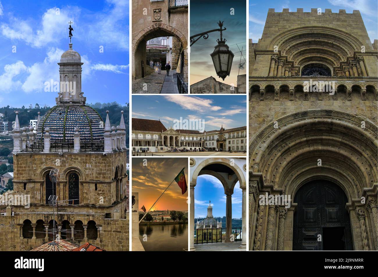 Eine Collage von Fotos mit den wichtigsten Denkmälern der schönen Stadt Coimbra in Portugal, die Heimat einer wichtigen internationalen Universität Stockfoto