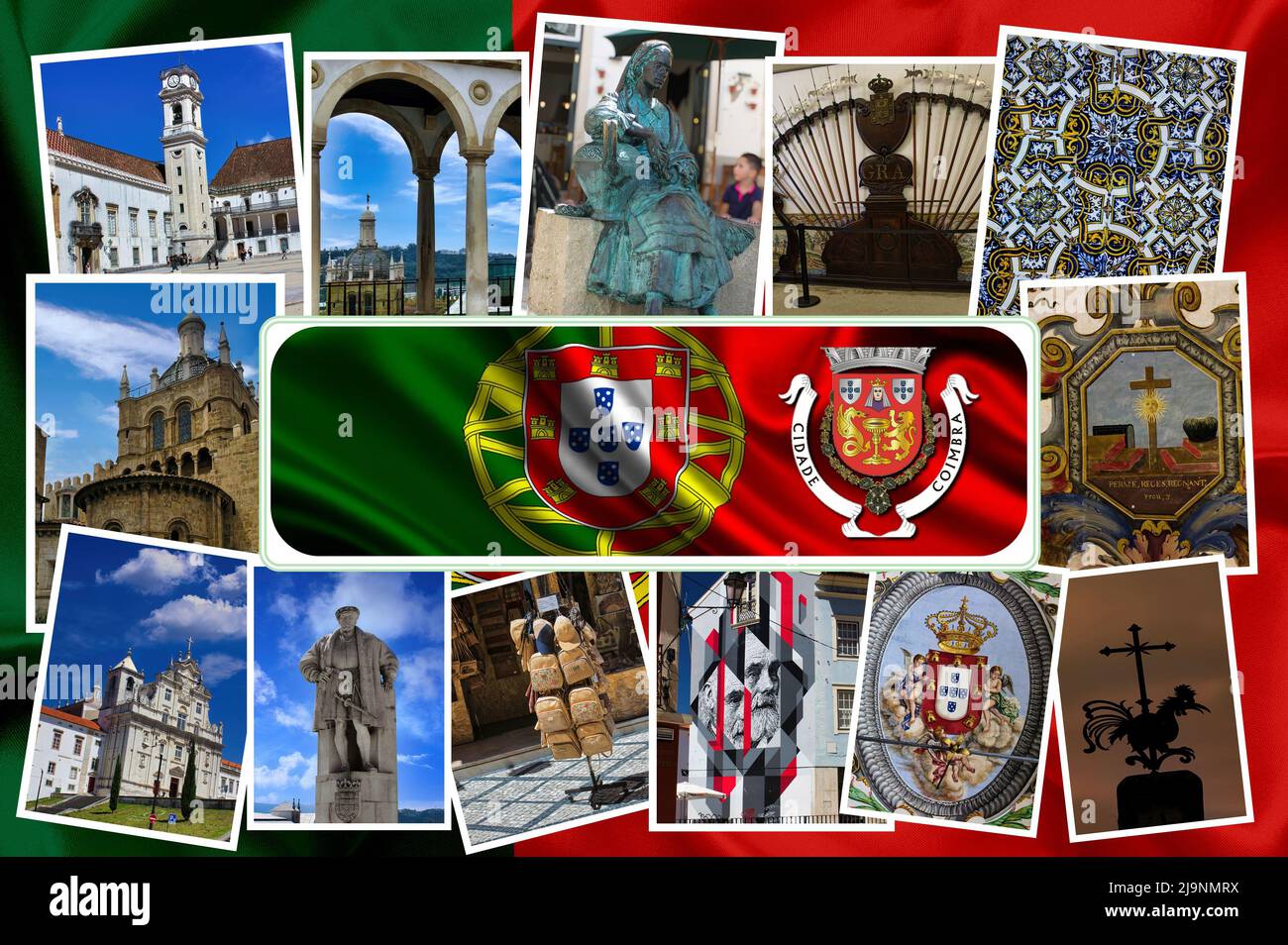 Eine Collage von Fotos mit den wichtigsten Denkmälern der schönen Stadt Coimbra in Portugal, die Heimat einer wichtigen internationalen Universität Stockfoto