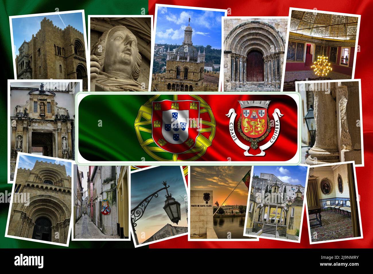 Eine Collage von Fotos mit den wichtigsten Denkmälern der schönen Stadt Coimbra in Portugal, die Heimat einer wichtigen internationalen Universität Stockfoto