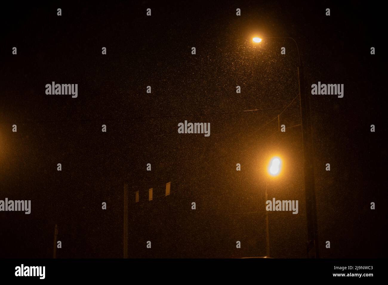 Schneesturm bei Nacht in der Stadt. Hell im Dunkeln. Niederschlag und Schnee. Lichtmasten. Stockfoto