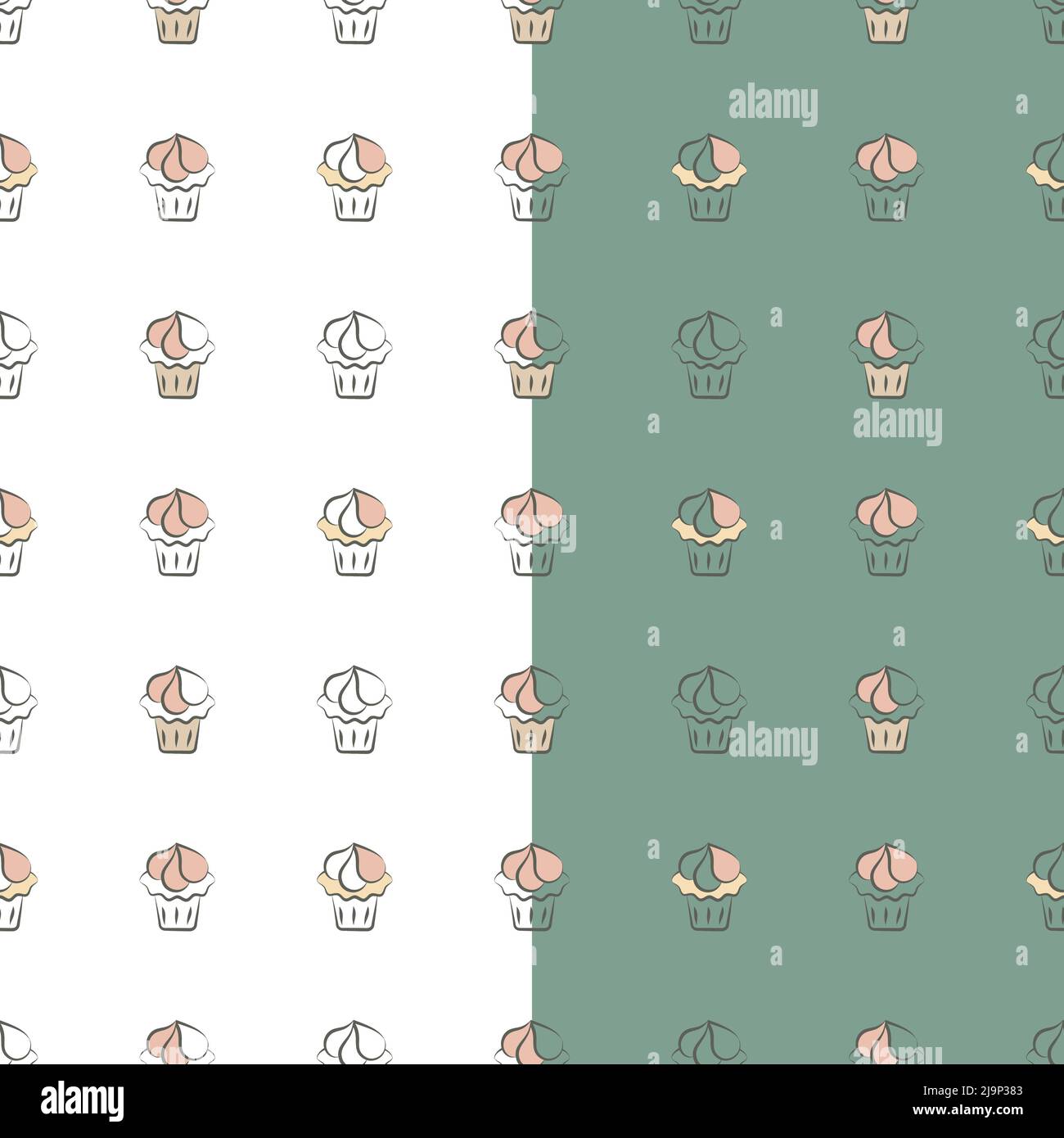 Cupcake Icon Nahtloses Muster. Graubraune Linienkontur. Handgezeichnete Pinsel Pinselstrich Doodle Design. Backwaren Desserts Symbole, geometrisches Gitter. Grün Stock Vektor