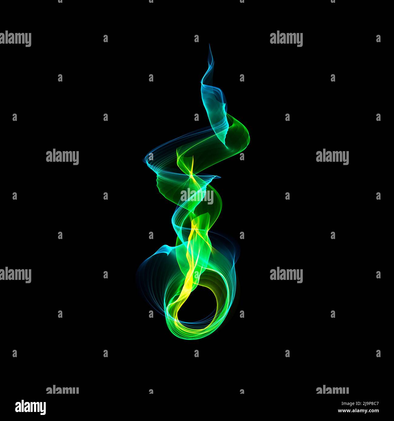 Abstrakte transparente Figur. Fliegende Flamme, Rauch, heller Nebel. Grüne Farbe Stockfoto