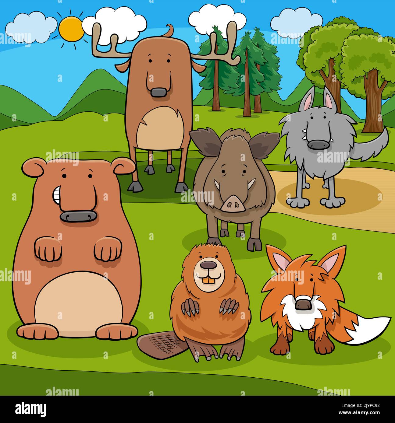 Cartoon Illustrationen von lustigen wilden Tierfiguren Gruppe Stock Vektor