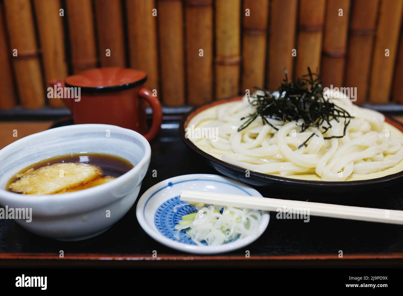 Ein gekühltes udon-Gericht mit Yama-imo (geriebener Berg-Yam)-Dipping-Sauce in einem traditionellen Restaurant in Shinjuku, Japan Stockfoto